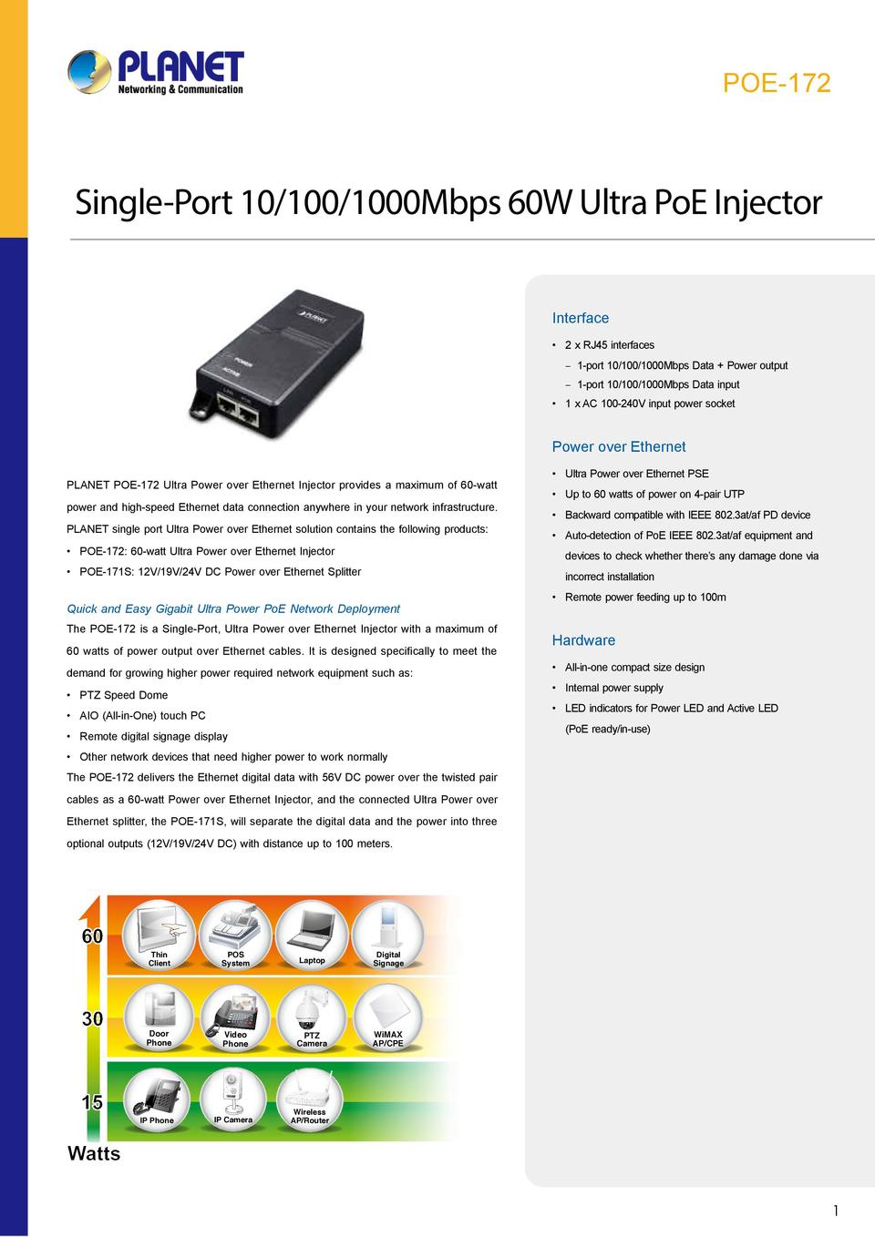 Planet Single Port Ultra PoE Injector, 10/100/1000Mbps, 60W 0